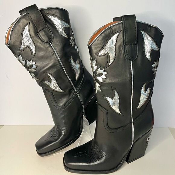 Free People Sparks Fly Cowboy Boots Black and Silver Pull‎ On Leather 6.5 NIB - Picture 2 of 16